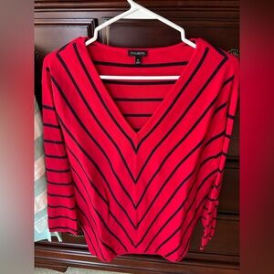 Talbots V-Neck Red and Black Striped quarter Sleeve Top